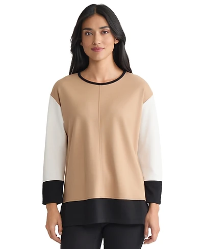 Jones New York Petite Long Sleeve Crew Neck Colorblock Top