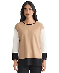 Jones New York Petite Long Sleeve Crew Neck Colorblock Top