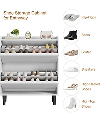 Shoe Cabinet with 2 Flip Drawers,Wooden Shoe Organizer Cabinet with Adjustable Shelf,Shoe Storage for Entryway, Hidden Shoe Cabinet for Hallway,White
