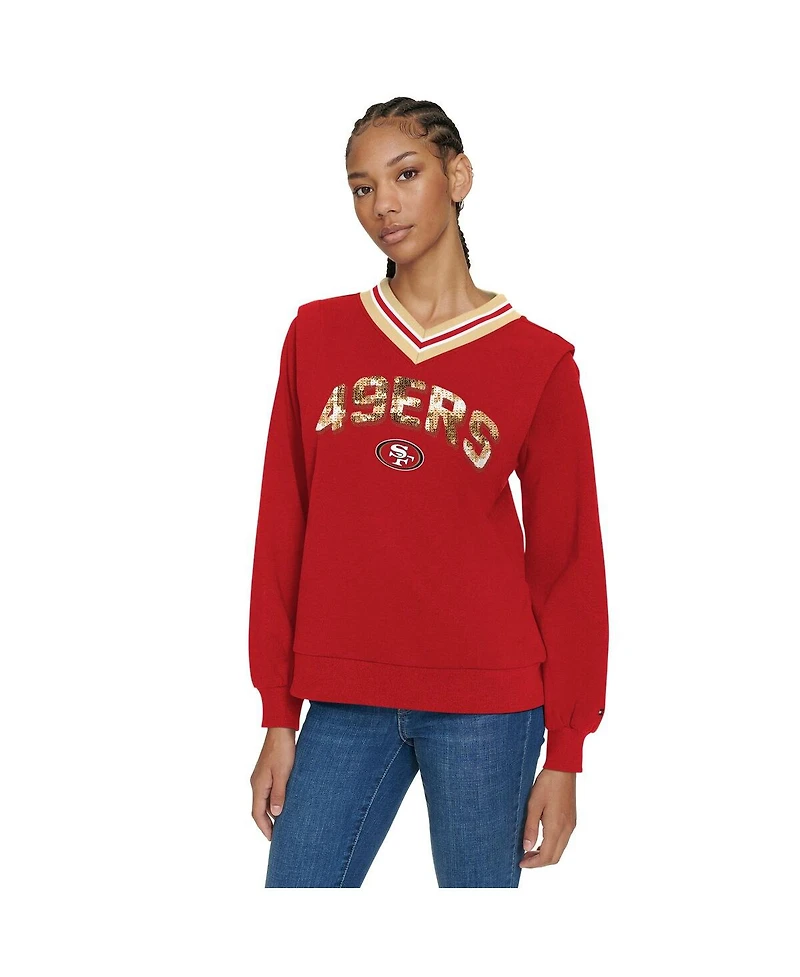 Tommy Hilfiger Women's Scarlet San Francisco 49ers Alice V-Neck Pullover Sweatshirt