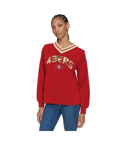 Tommy Hilfiger Women's Scarlet San Francisco 49ers Alice V-Neck Pullover Sweatshirt