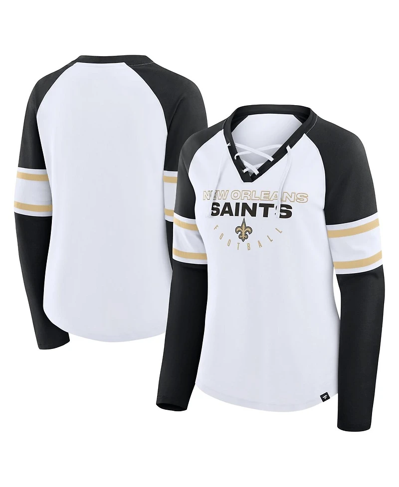 Fanatics Women's White/Black New Orleans Saints Redzone Blitz Package Raglan Lace-Up V-Neck Long Sleeve T-Shirt