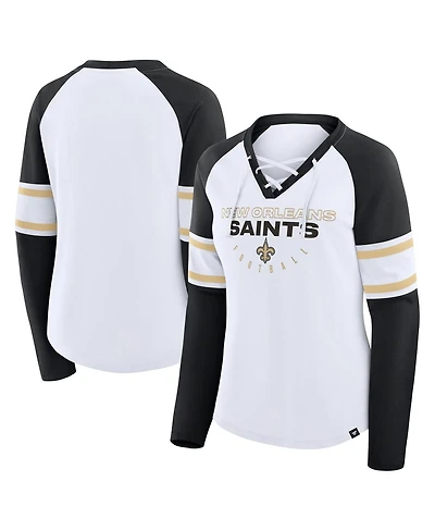 Fanatics Women's White/Black New Orleans Saints Redzone Blitz Package Raglan Lace-Up V-Neck Long Sleeve T-Shirt