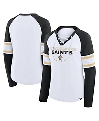 Fanatics Women's White/Black New Orleans Saints Redzone Blitz Package Raglan Lace-Up V-Neck Long Sleeve T-Shirt