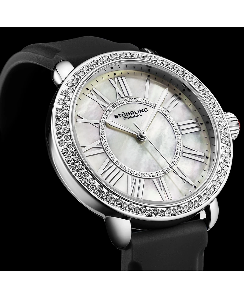 Stuhrling Elegant Women s 40mm Dress Watch – Model 4068, Black Satin Leather Band, Crystal Accents