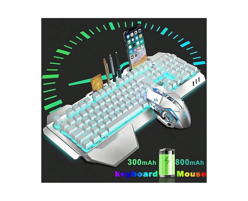 Wireless Gaming Keyboard and Mouse Combo - Backlit Keyboard with Rechargeable 3000mAh Battery,Removable Wrist Rest and 7 Color Mute Mouse