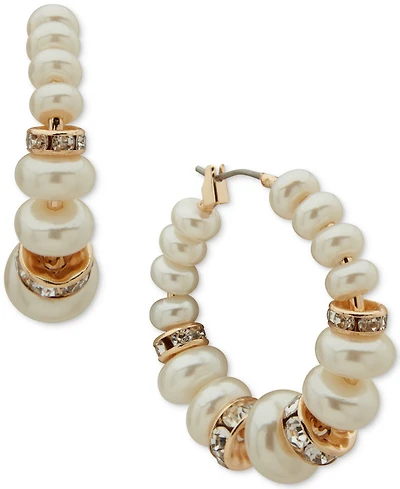 Anne Klein Imitation Pearl & Glass Stone Gold-Tone Lentil Hoop Earrings