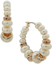 Anne Klein Imitation Pearl & Glass Stone Gold-Tone Lentil Hoop Earrings