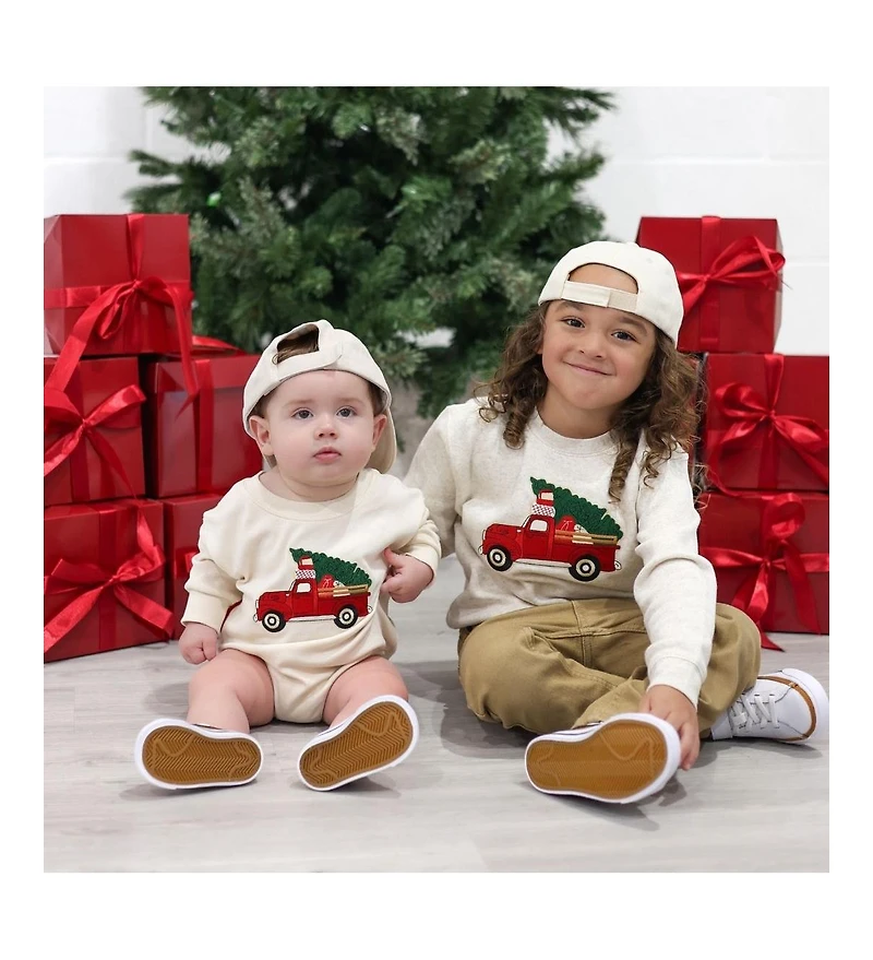 Sweet Wink Baby Boys Christmas Truck Patch Long Sleeve Romper