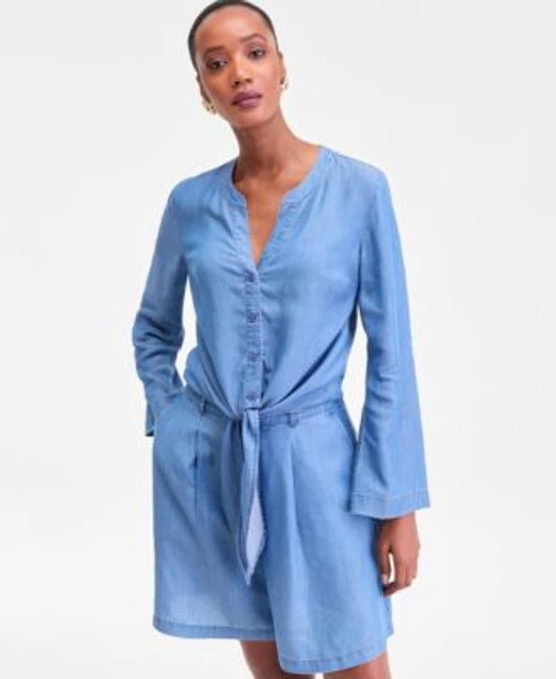 I.N.C. International Concepts Womens Chambray Tie Front Top Shorts Macys Exclusive