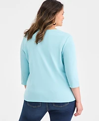 Style & Co Plus Cotton V-Neck 3/4-Sleeve Top, Exclusively at Macy's