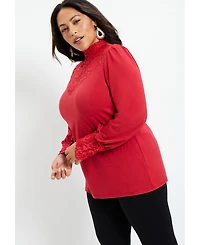 June + Vie Women's Lace Yoke Mockneck Top