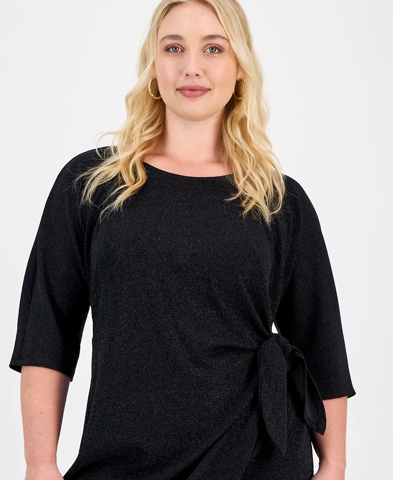 Robbie Bee Plus Glitter-Knit 3/4-Sleeve Sarong Dress