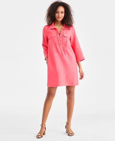 Charter Club Women's 100% Linen Lace-Up 3/4-Sleeve Utility Dress, Macy's Exclusive