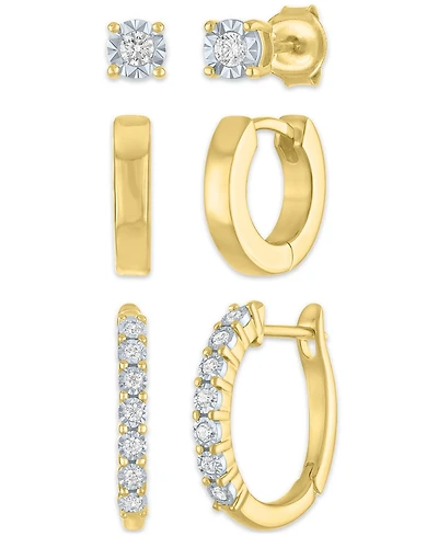 Macy's 3-Pc. Diamond Earrings Set (1/5 ct. t.w.) in 14k Yellow Gold Over Sterling Silver