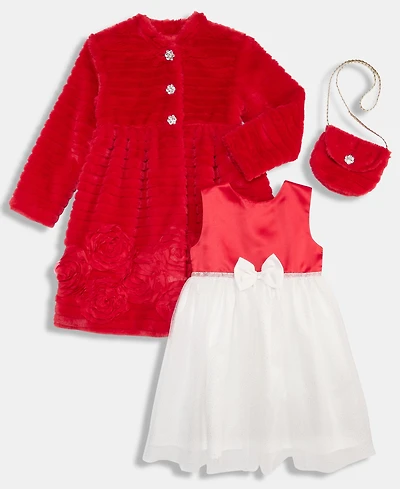 Blueberi Boulevard Girls 2T-6X 3-Piece Rosette-Embellished Coat, Dress and Purse Set