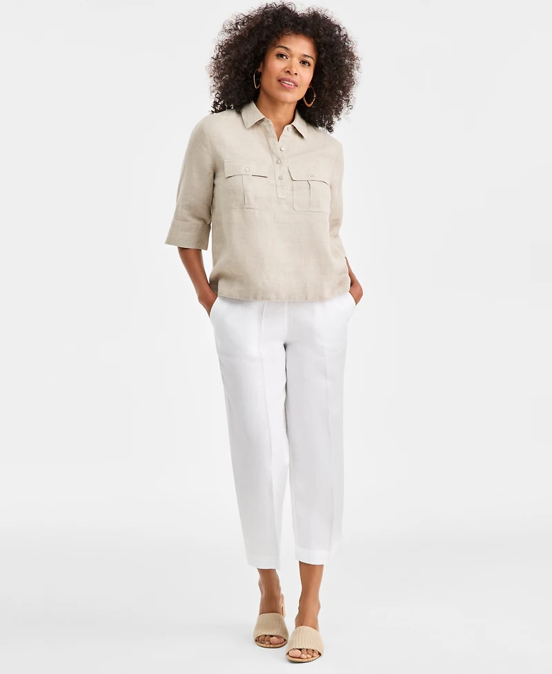 Charter Club Women's 100% Linen Solid Half-Placket Elbow-Sleeve Blouse, Macy's Exclusive