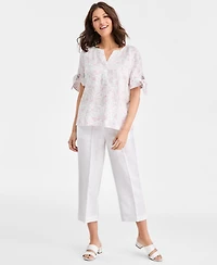 Charter Club Women's 100% Linen Tile Tie-Cuff Split-Neck Top, Macy's Exclusive