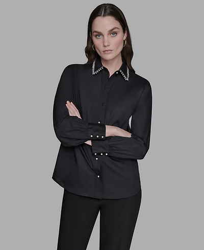 Karl Lagerfeld Paris Women's Collared Long Sleeve Top