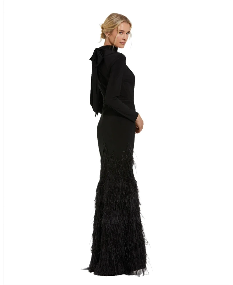 Mac Duggal Women's Jersey Long Sleeve High Neck Feather Gown