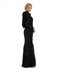 Mac Duggal Women's Jersey Long Sleeve High Neck Feather Gown