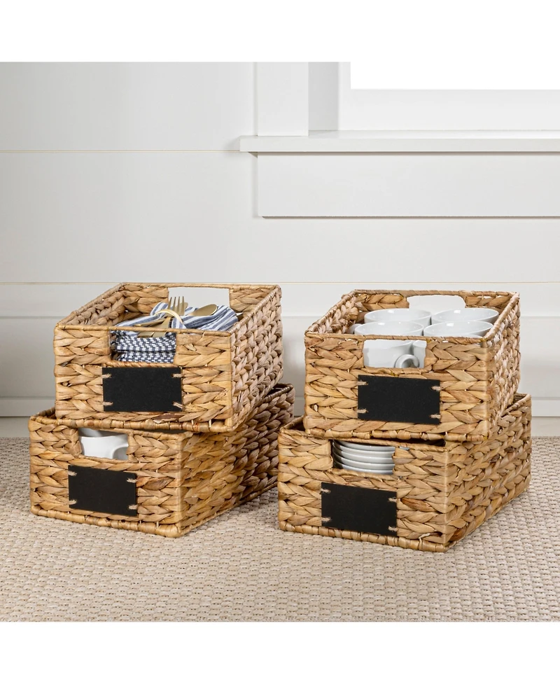 12" Hand-Woven Hyacinth Pantry Baskets with Chalkboard Labels and Handles (Set of 4)