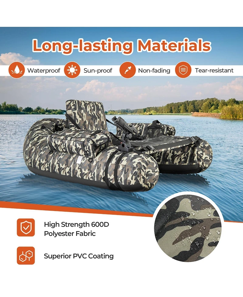 Inflatable Fishing Float Tube with Rod Holder, Fish Ruler, and Storage Pockets