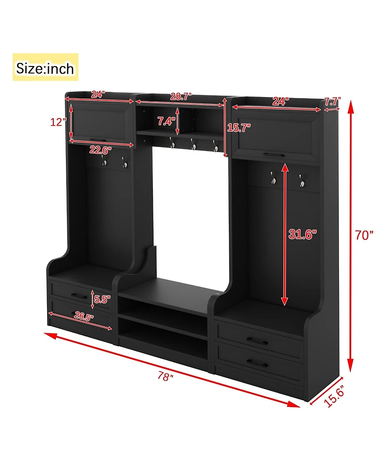 4-in-1 Detachable Hall Tree with Storage and 7 Hooks, Multiple Functions Hallway Coat Rack Drawers Cabinet, Shoe Bench