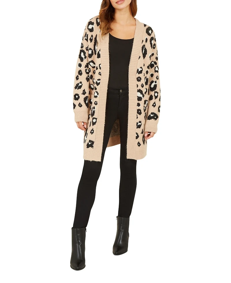 Yumi Women's leopard print Intarsia Long Cardigan