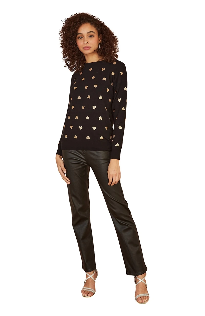 Yumi Women's Foil Heart Print Relaxed Fit Sweater