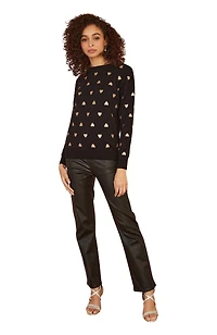 Yumi Women's Foil Heart Print Relaxed Fit Sweater