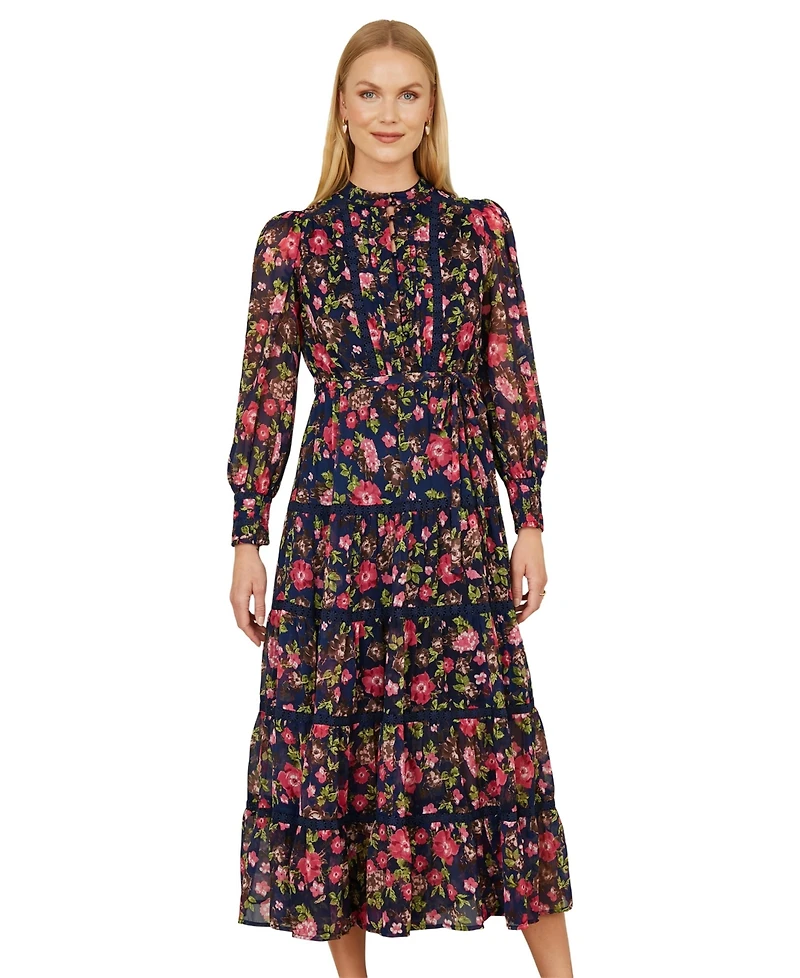 Yumi Blossom Print Lace Trim Maxi Dress