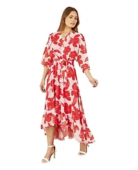 Yumi Women's Kimono Sleeves Dip Hem Wrap Midi Dress