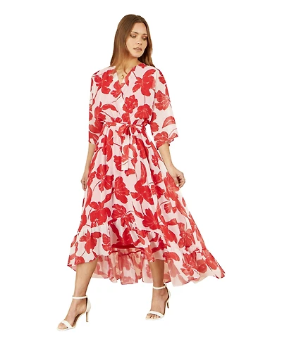 Yumi Women's Kimono Sleeves Dip Hem Wrap Midi Dress