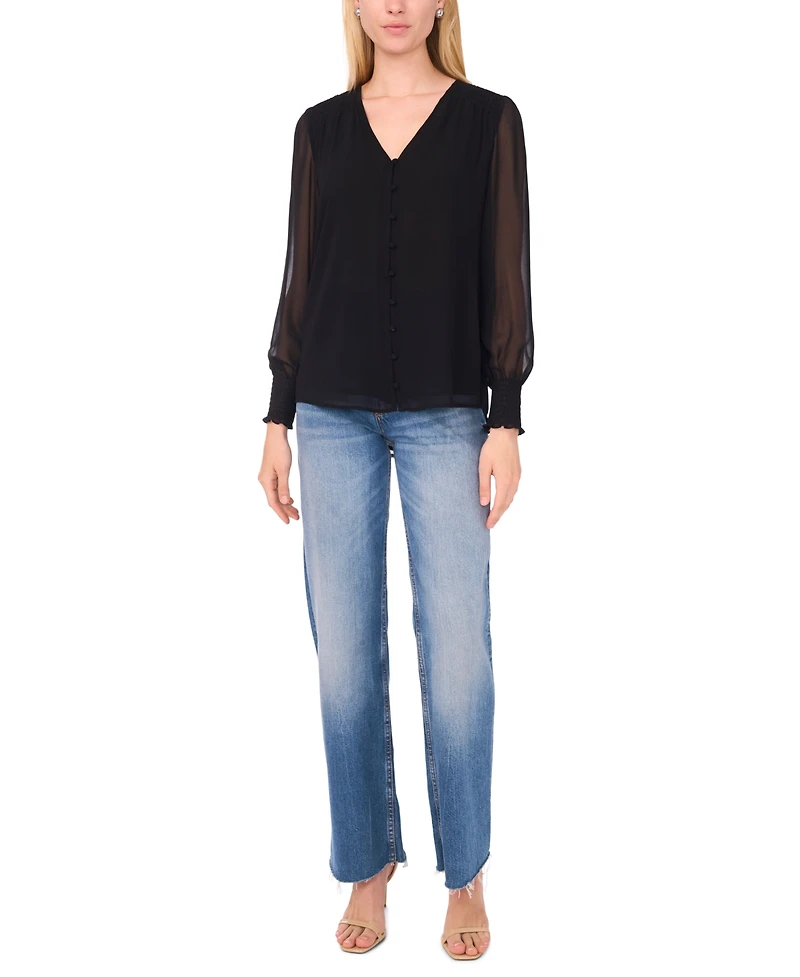 Sam & Jess Women's V-Neck Button-Front Smocked-Shoulder Top