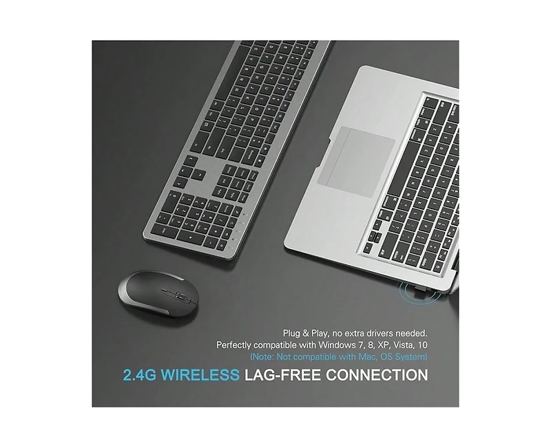 Wireless Keyboard And Mouse Combo-Full Size Slim Thin Wireless Keyboard Mouse With Numeric Keypad 2.4g Stable Connection Adjustable Dpi (Grey)