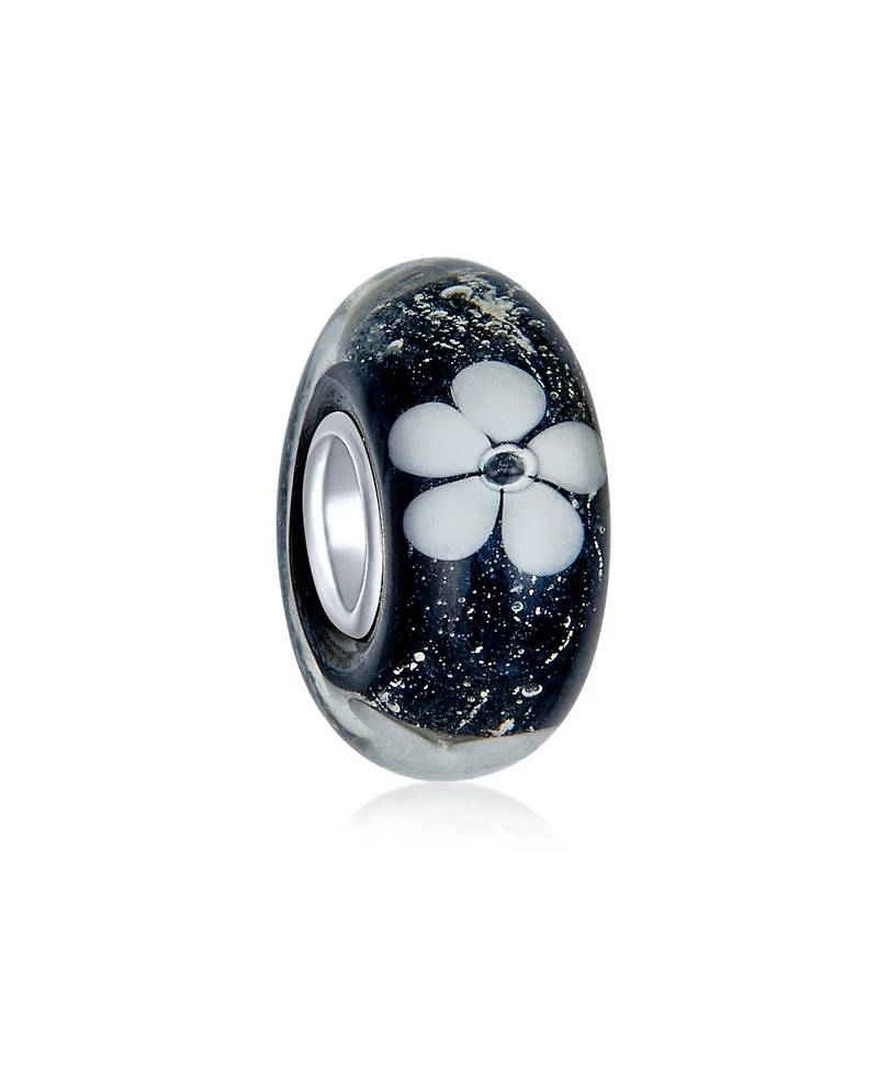 Bling Jewelry Set of 4 Black White Floral Glass Charm Bead for European Bracelets with Silver Core