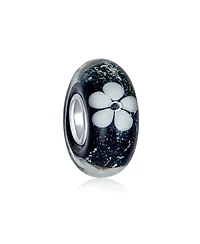 Bling Jewelry Set of 4 Black White Floral Glass Charm Bead for European Bracelets with Silver Core
