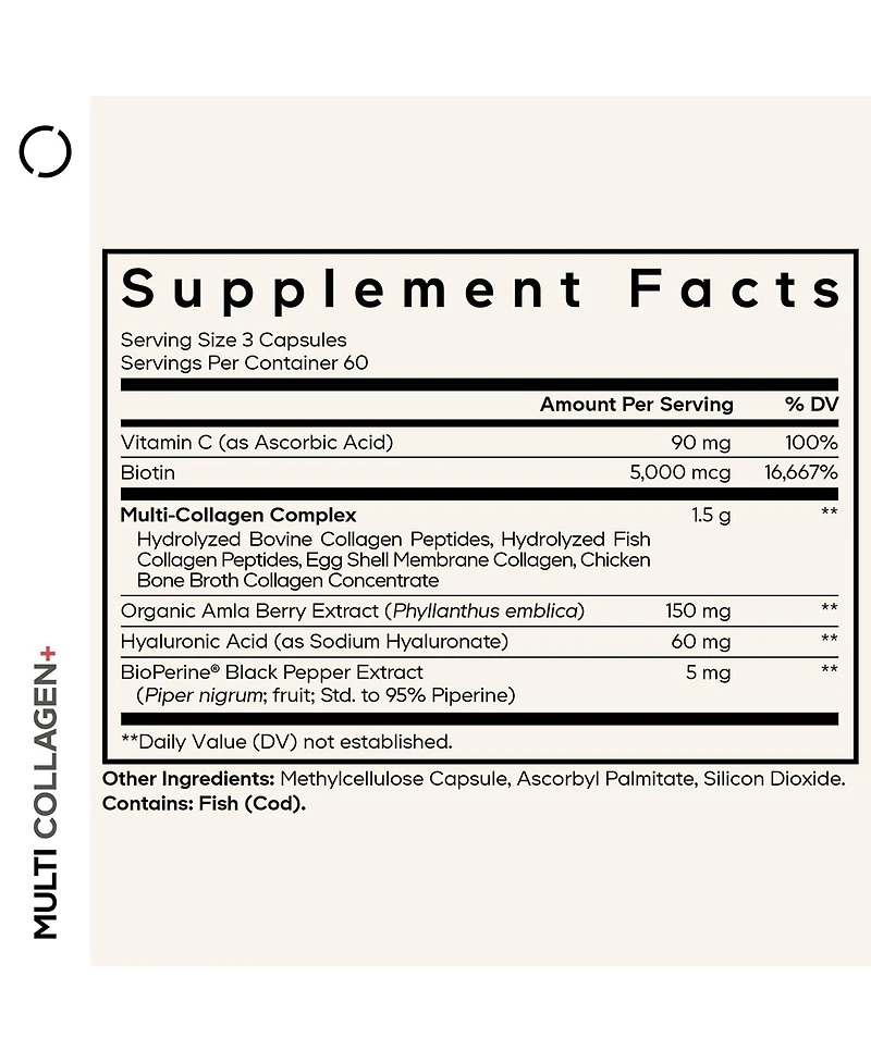 Codeage Multi Collagen Supplement With Vitamin C, Biotin 5000 mcg, Hyaluronic Acid, BioPerine, 5 Types of Collagen Grass-Fed, 180 Capsules