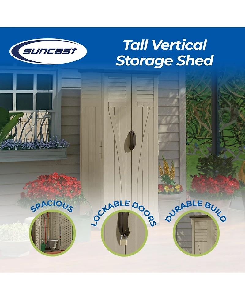 Suncast 22 Cubic Feet All-Weather Vertical Tall Outdoor Storage Shed, Brown