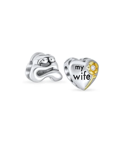 Bling Jewelry Set of 2 Mother Loving Family & Flower Daisy Cz Heart 'My Wife' Charm Bead Sterling Silver for European Bracelet
