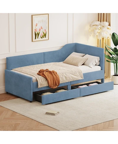 win L-Shaped Corduroy Daybed,Upholstered Bed Frame with 2 Storage Drawers