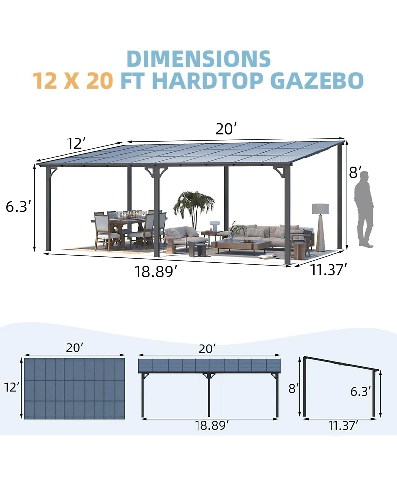 Aecojoy 20'x12' Wall Mounted Gazebos Pergola
