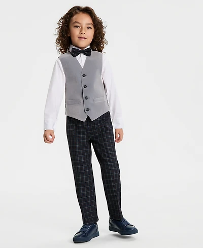 Nautica Toddler & Little Boys Grey Velvet Vest, Shirt, Bow Tie Plaid Pants Set
