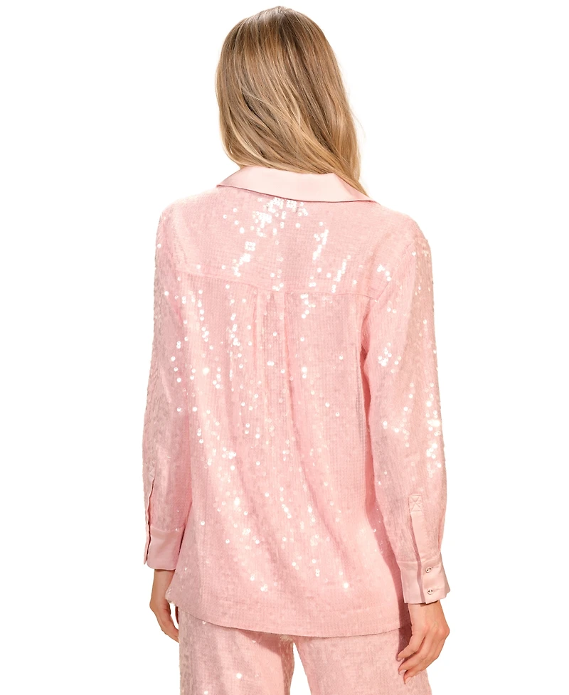Isaac Mizrahi Women's Sequin Button Down Long Sleeves Top