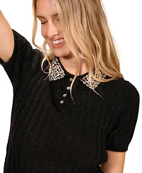 Isaac Mizrahi Women's Cable Crystal Polo Top