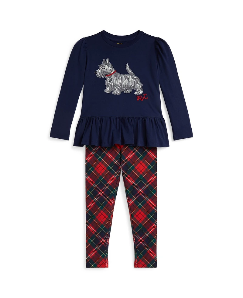 Polo Ralph Lauren Girls 2T-6X 2-Piece Dog Print T-Shirt and Plaid Leggings Set