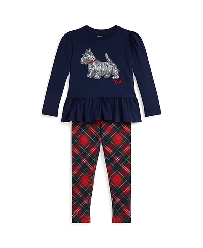 Polo Ralph Lauren Girls 2T-6X 2-Piece Dog Print T-Shirt and Plaid Leggings Set