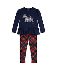 Polo Ralph Lauren Girls 2T-6X 2-Piece Dog Print T-Shirt and Plaid Leggings Set
