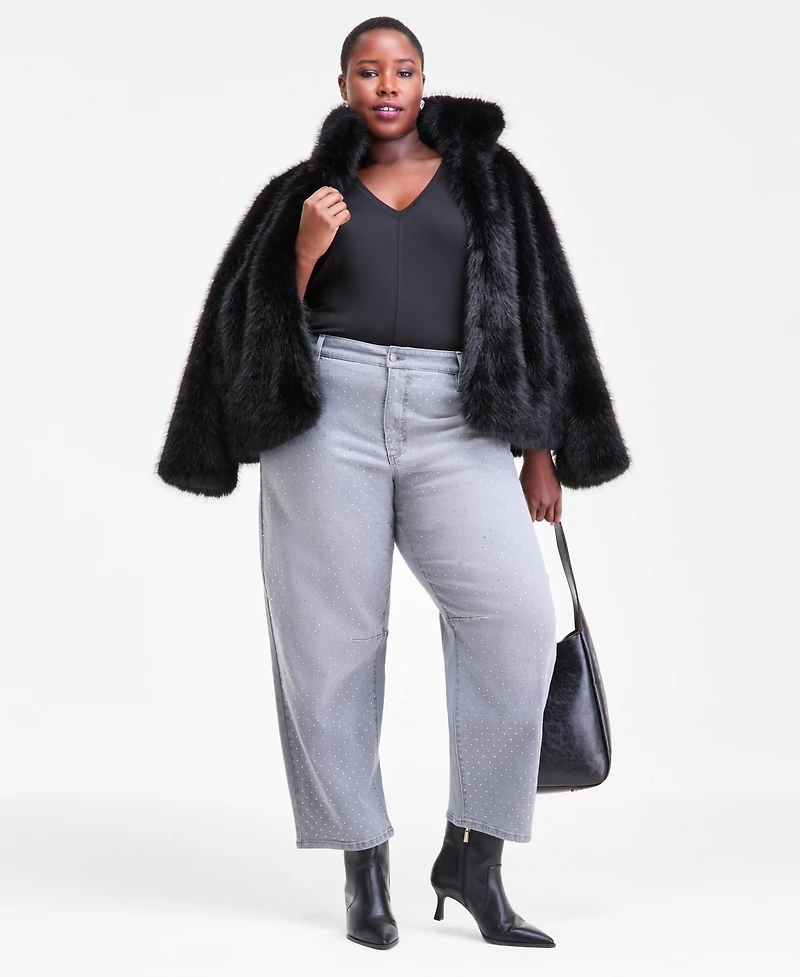 I.n.c. International Concepts Plus High Rise Rhinestone Barrel-Leg Jeans, Macy's Exclusive
